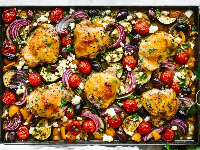 Greek Sheet Pan Chicken Thighs with Mediterranean Vegetables