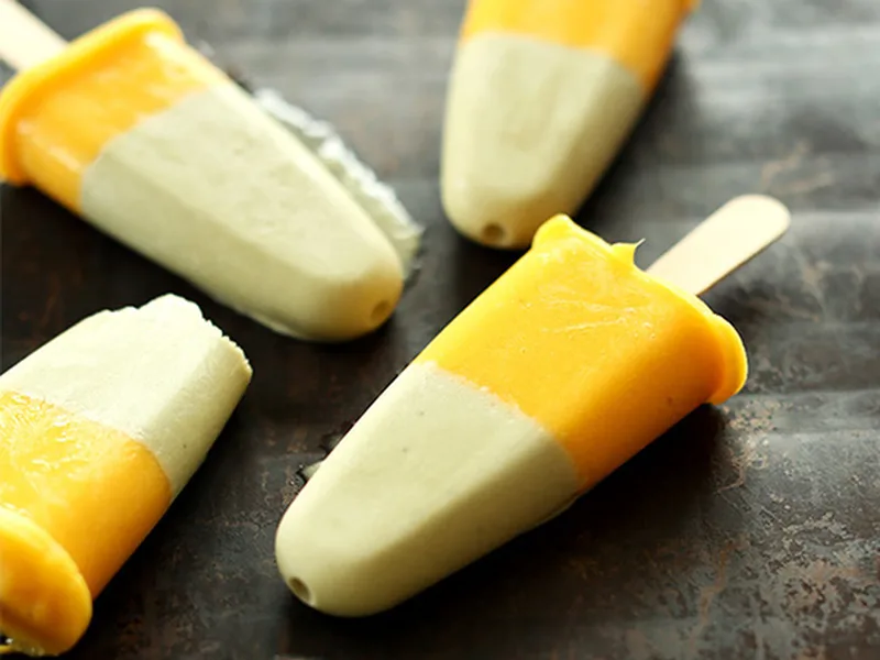 Layered Mango Green Tea Popsicles with Coconut Milk