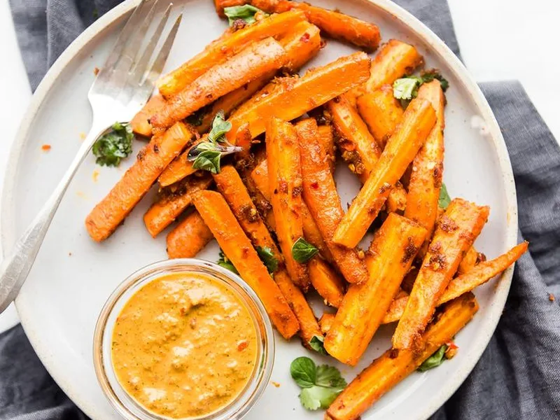 Peri Peri Oven Baked Carrot Fries with Herb Sauce