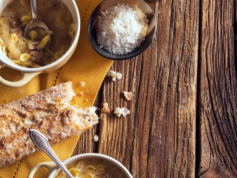 Fleishig Caramelized Onion Soup with Bow Tie Noodles