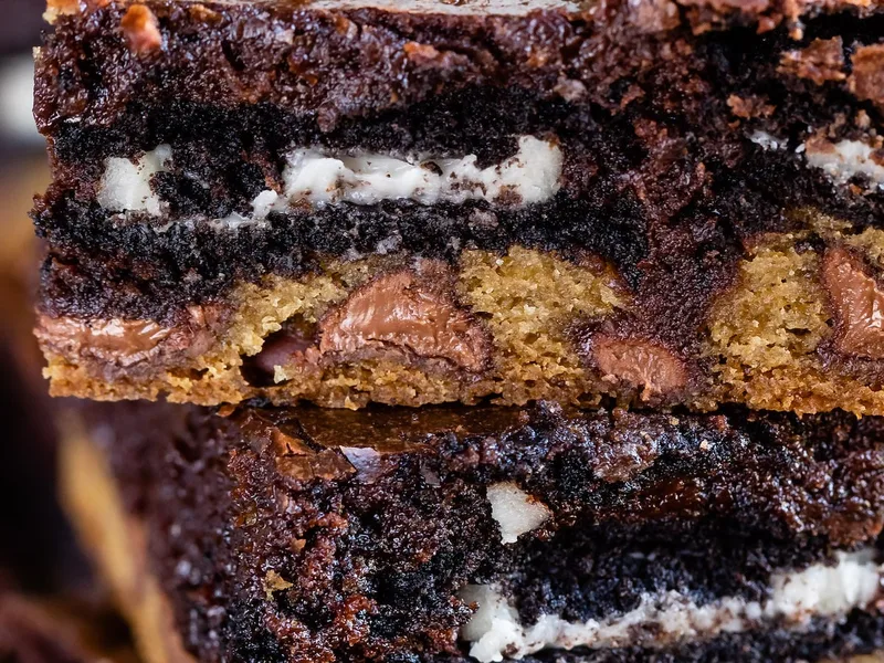 Triple Layer Slutty Brownies with Chocolate Chip Cookie Base