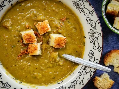Green Split Pea and Ham Soup with Bacon and Herbs