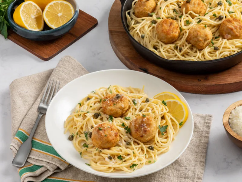 Lemon Chicken Piccata Meatballs with Spaghetti