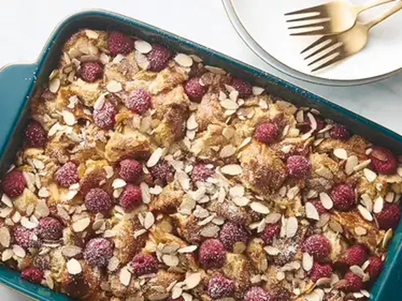 Raspberry Almond Croissant Bread Pudding with Custard