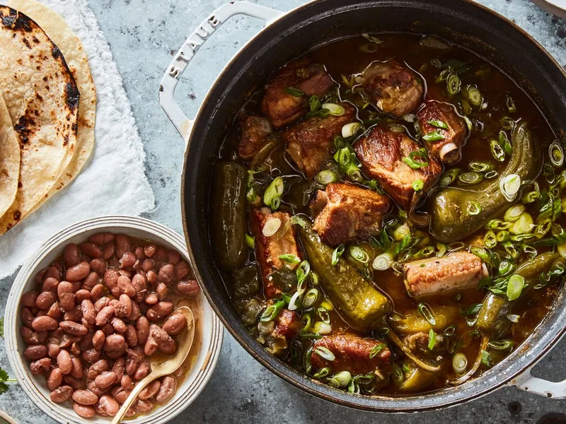 Slow-Simmered Pork Ribs in Chile Verde with Poblanos
