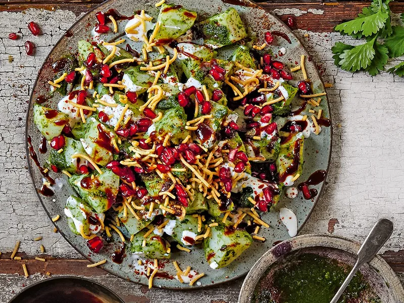 Spicy Sour Potatoes with Peanut and Ginger Chutneys