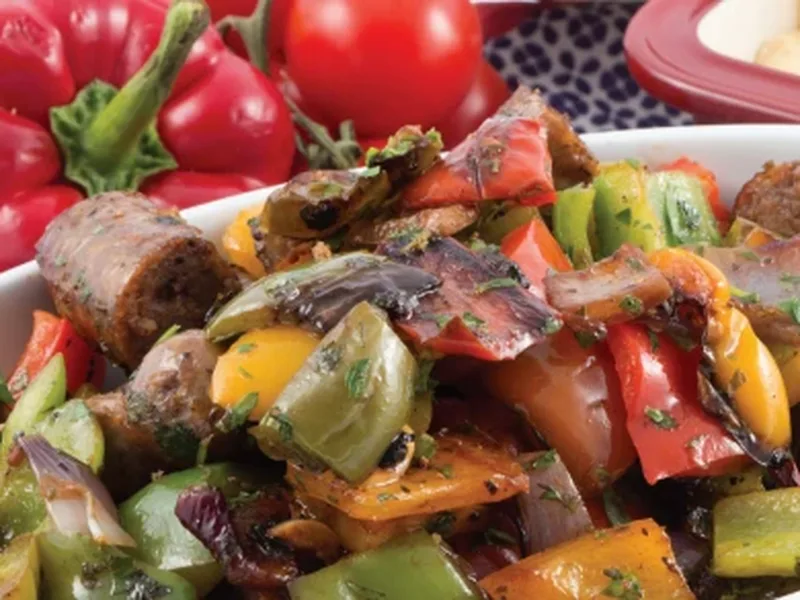 Seared Sausage and Peppers with Tomatoes