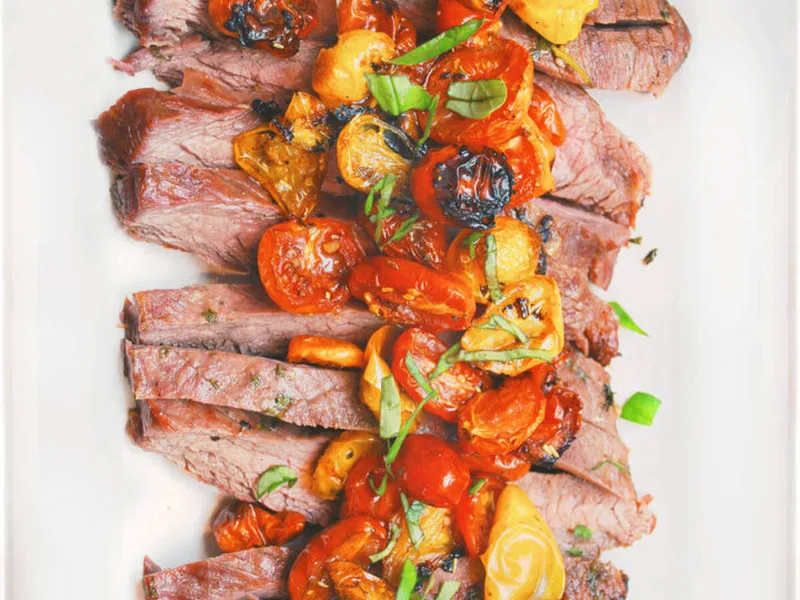 Grilled Marinated Flank Steak with Herb-Roasted Cherry Tomatoes