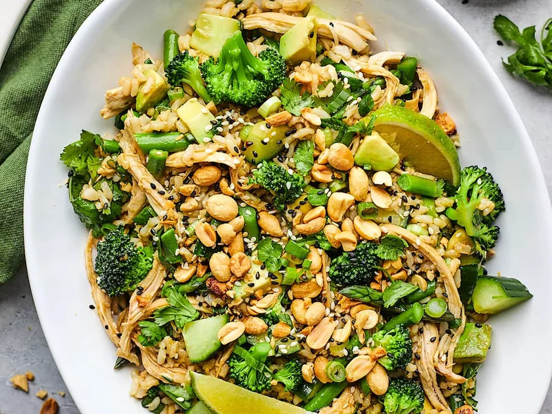 Fresh Sesame Ginger Rice Salad with Chicken and Vegetables