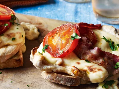 Welsh Rarebit with Turkey Steaks and Bacon