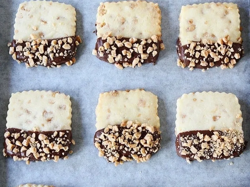 Chocolate Dipped Toffee Shortbread Cookies
