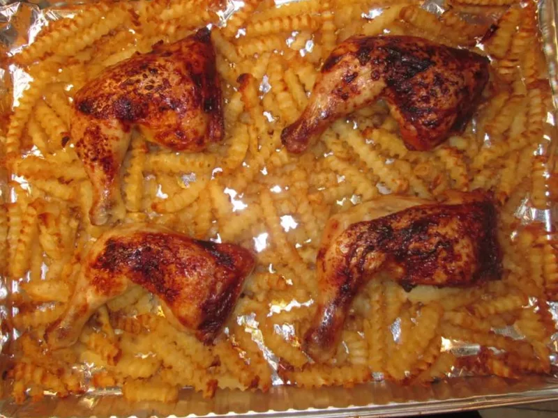 Honey Glazed Chicken Over Seasoned French Fries - Sheet Pan