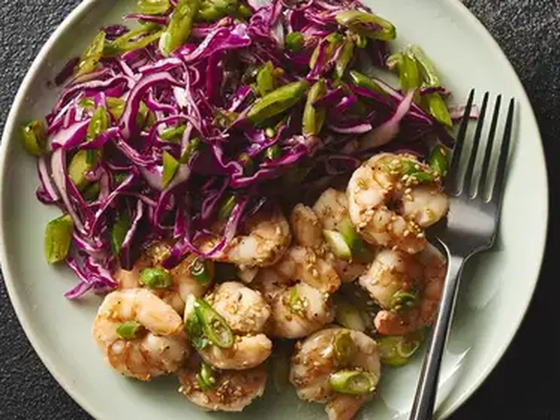 Quick Sesame Shrimp with Crunchy Snap Pea Slaw