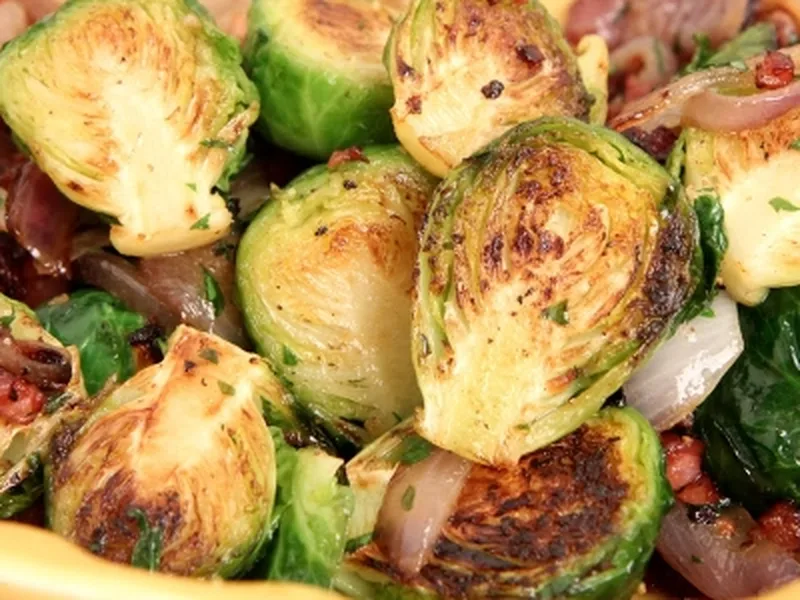 Crispy Pancetta Brussels Sprouts with Caramelized Onions