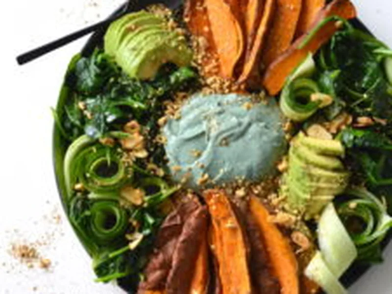 Roasted Sweet Potato Hummus Bowl with Spirulina
