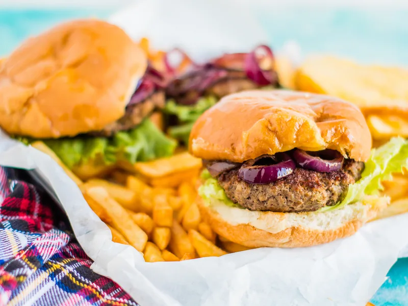 Bison Burgers with Cabernet Caramelized Onions