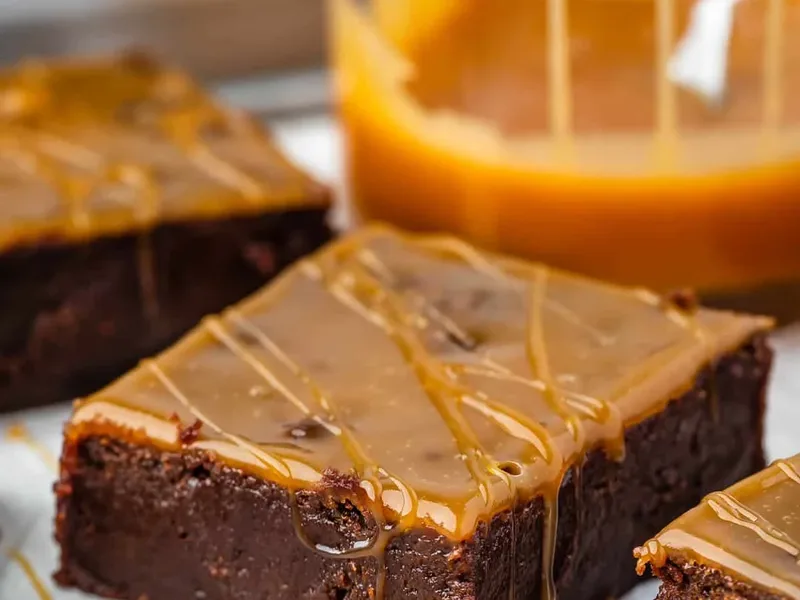 Fudgy Caramel Brownies with Homemade Caramel Sauce