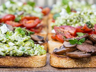 Bruschetta 3 Ways: Tomato, Mushroom, Pea & Feta
