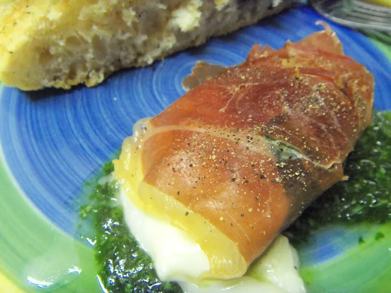 Prosciutto-Wrapped Baked Mozzarella with Basil Oil
