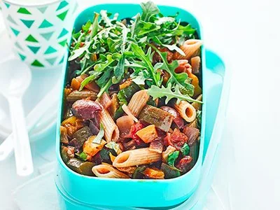Wholewheat Penne with Ratatouille and Rocket Salad