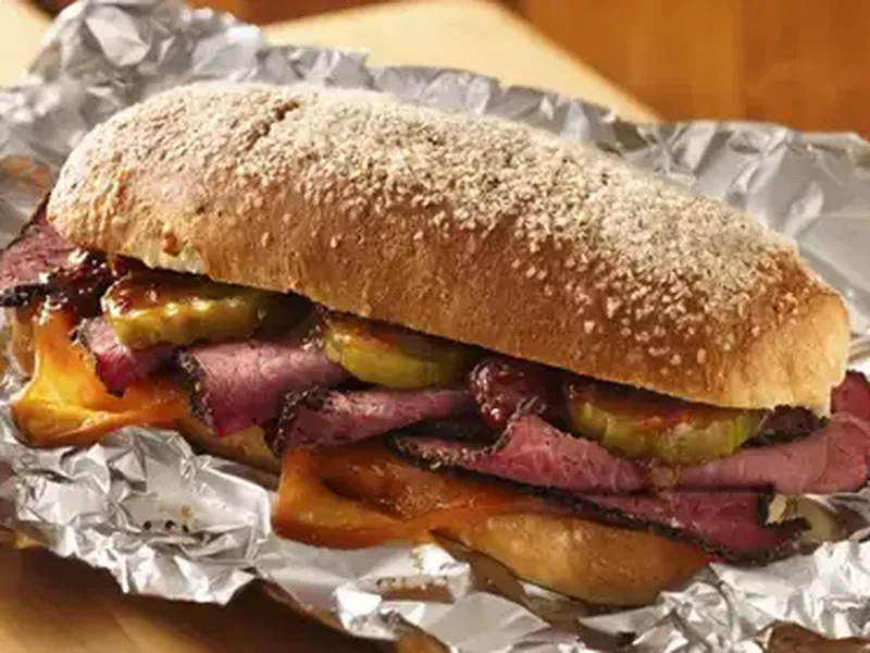 Pastrami Melt on Homemade Pretzel Rolls with Cherry Mustard