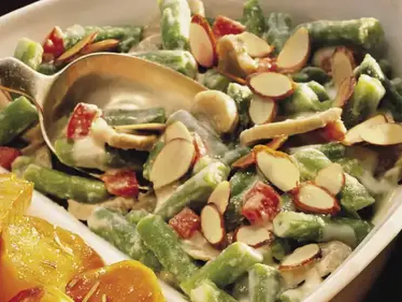 Microwave Green Bean Mushroom Alfredo with Toasted Almonds