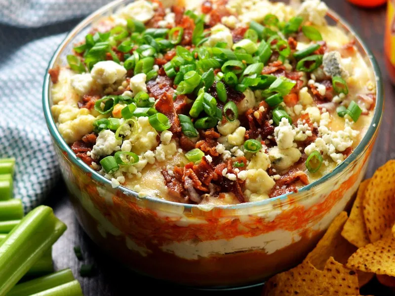 7-Layer Buffalo Chicken Dip with Bacon and Blue Cheese