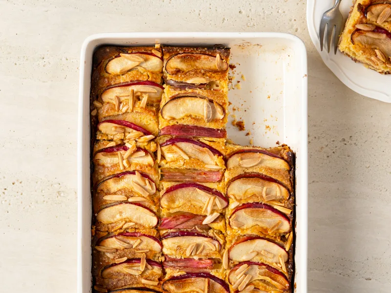 Almond Flour Apple Rhubarb Cake with Greek Yogurt