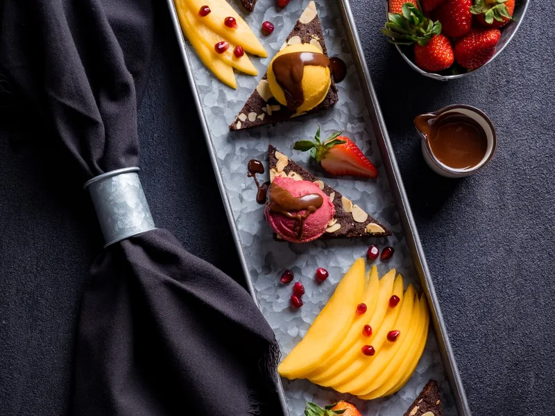 Chocolate Almond Crisp Cookies with Fudge-Topped Sorbet