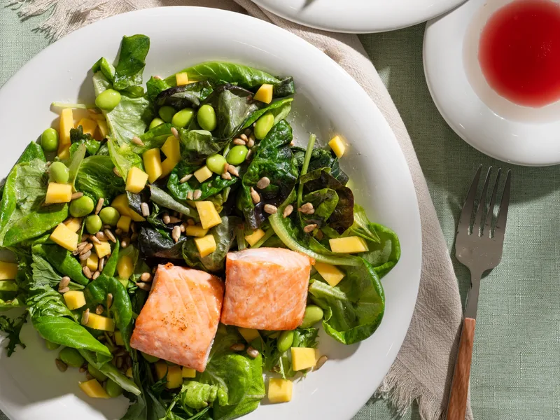 Pan-Seared Brined Salmon Mango Edamame Salad with Ume Plum Dressing