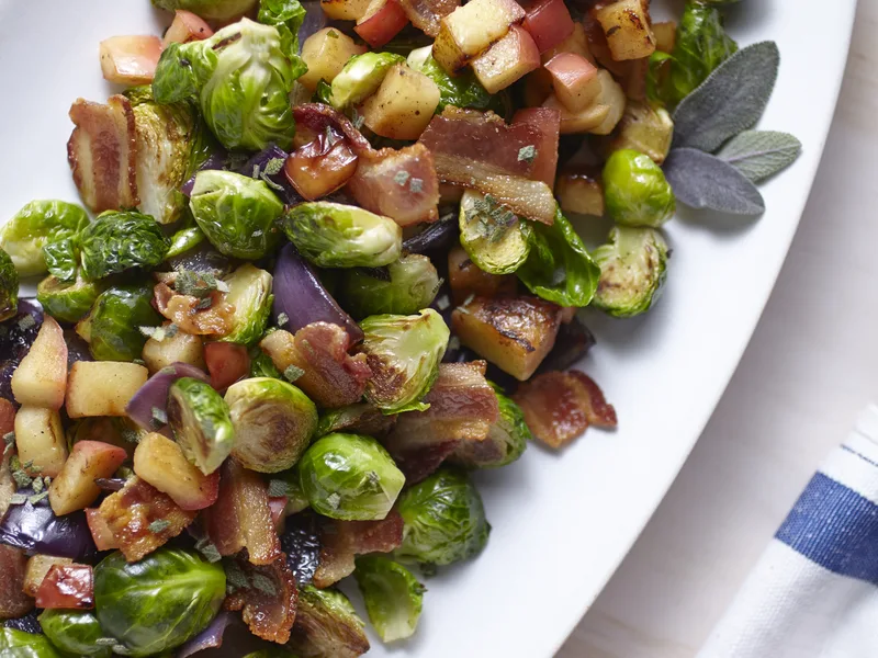 Bacon Brussels Sprouts with Honeycrisp Apples and Herbs