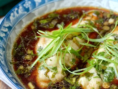 Poached White Fish with Ginger, Soy and Cilantro