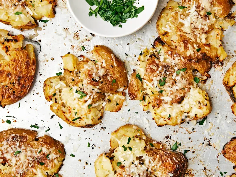 Crispy Smashed Garlic Parmesan Potatoes