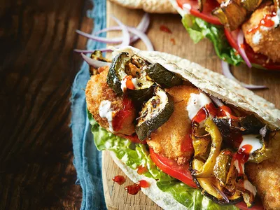 Breaded Chicken Pitta with Roasted Veg and Garlic Yogurt