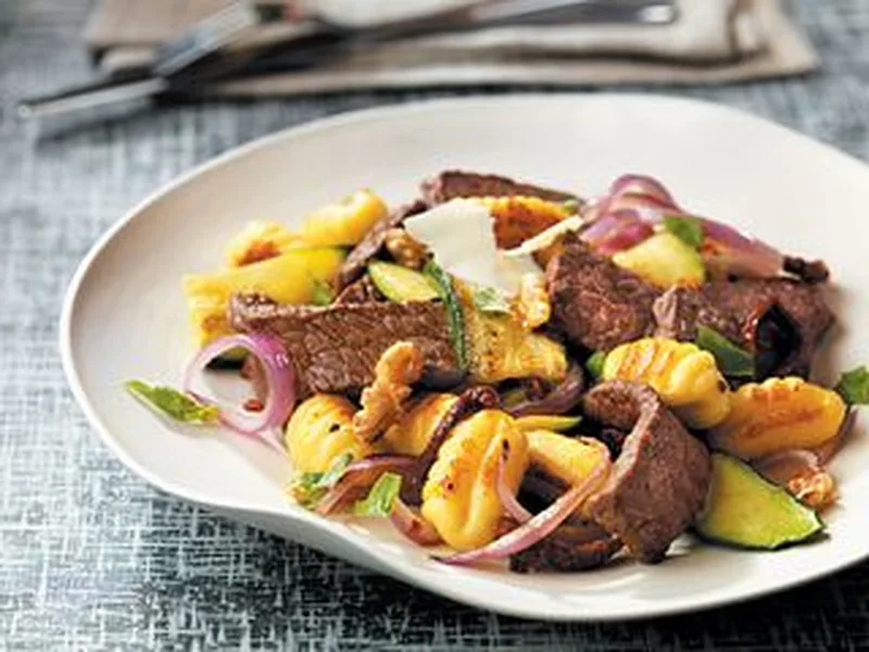 Seared Beef and Zucchini Gnocchi with Crispy Walnut Finish