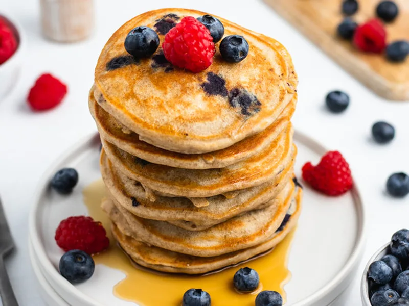 Blueberry Buckwheat Pancakes with Fresh Berries