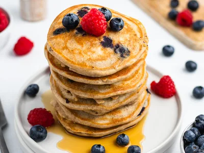 Blueberry Buckwheat Pancakes with Fresh Berries