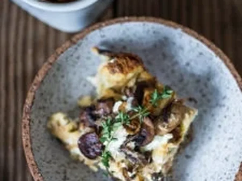 Overnight Breakfast Strata with Caramelized Onions and Mushrooms