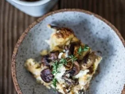 Overnight Breakfast Strata with Caramelized Onions and Mushrooms