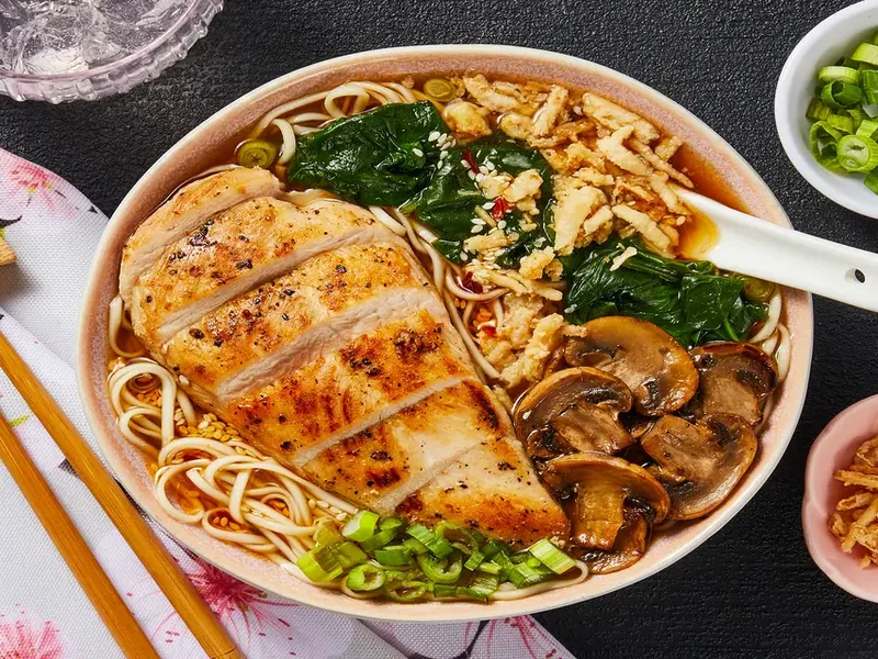Chicken Ramen with Shoyu Broth, Mushrooms and Chili Garlic Oil