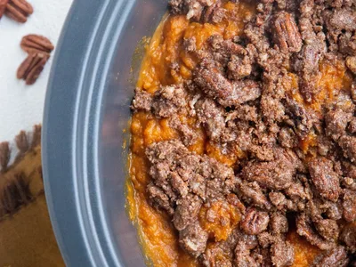 Slow Cooker Sweet Potato Casserole with Pecan Topping