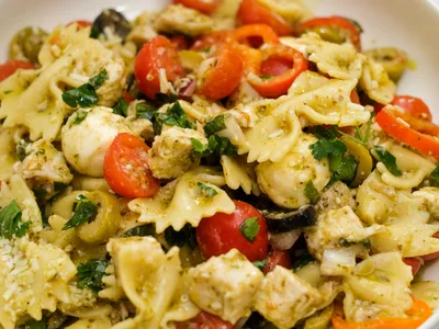 Pesto Chicken Pasta Salad with Fresh Mozzarella