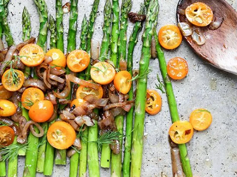 Roasted Asparagus with Caramelized Shallots and Kumquats
