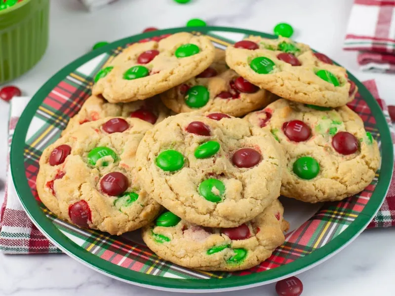 Soft M&M Christmas Cookies with Red and Green Candies
