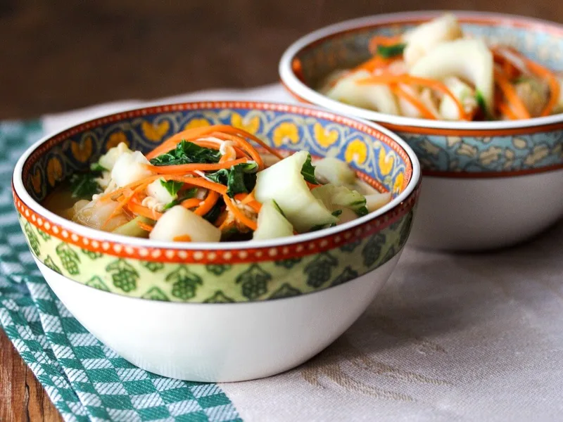 Bay Scallop Noodle Soup with Stir-Fried Enoki