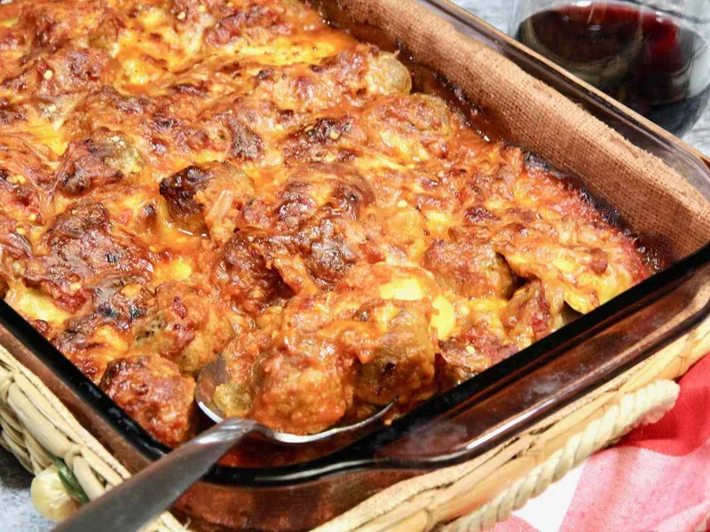 Baked Ravioli and Meatball Casserole with Marinara Cheese