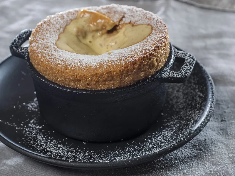 Butterscotch Parsnip Soufflé with Vanilla Custard