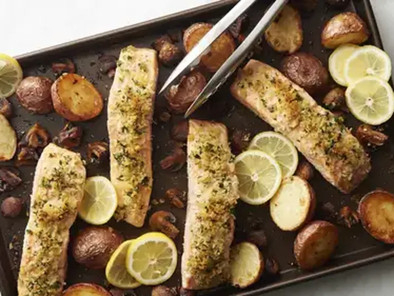 One-Pan Roasted Salmon with Herb-Crusted Potatoes and Mushrooms
