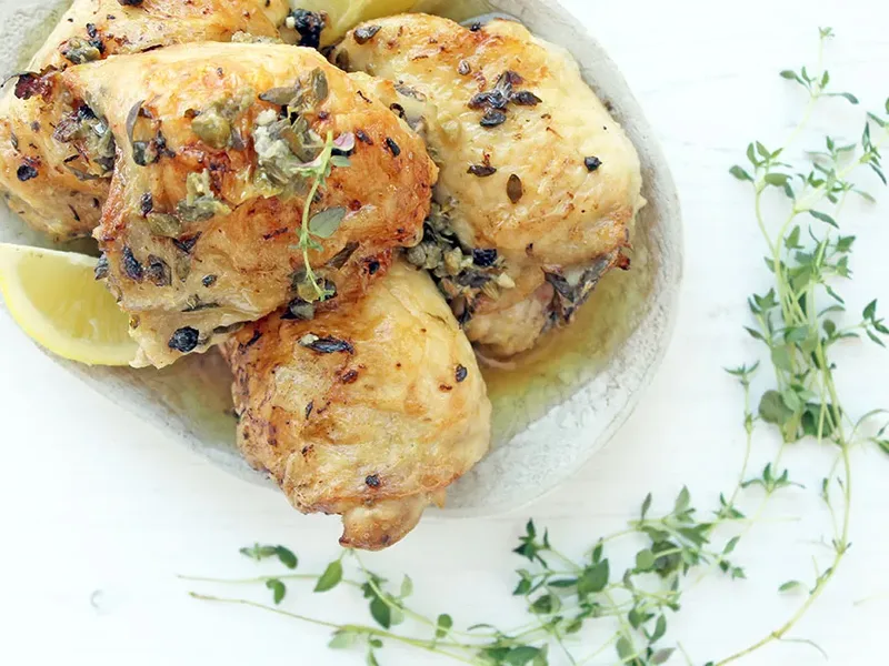 Baked Lemon Chicken Thighs with Capers and Fresh Thyme