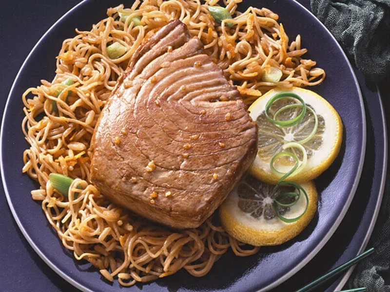 Teriyaki Tuna Steaks with Fried Rice and Noodles